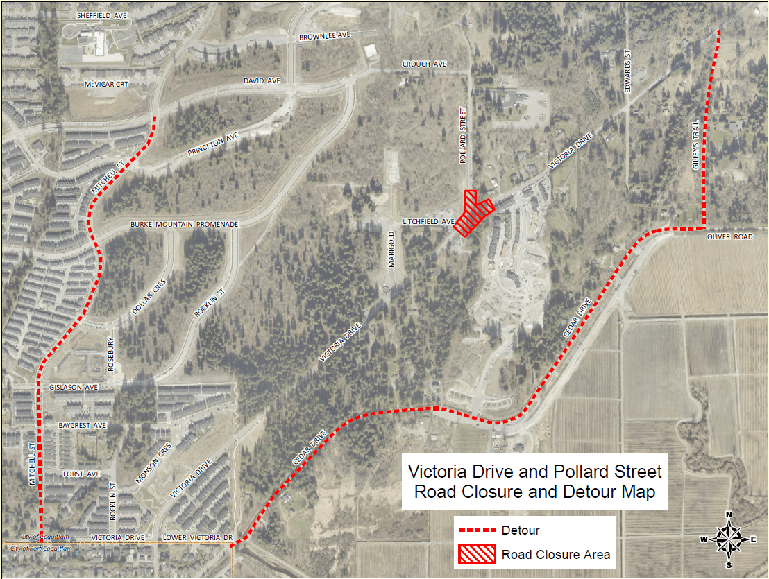 Location Map of Road Closure and Detour Map - Victoria Drive and Pollard Street