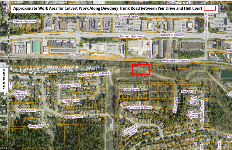 Location Map for Approximate Work Area along Dewdney Trunk Road between Pier Drive and Hull Court