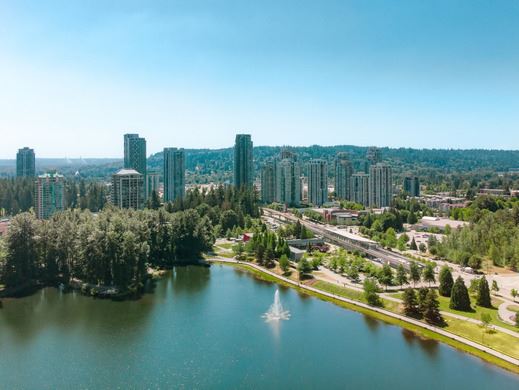 Aerial view looking south west over Lafarge Lake and City Hall