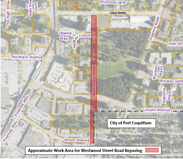 Location Map for Approximate Work Area for Westwood Street Road Repaving