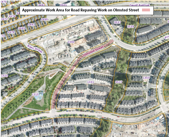 Location Map for Approximate Work Area for Road Repaving on Olmsted Street