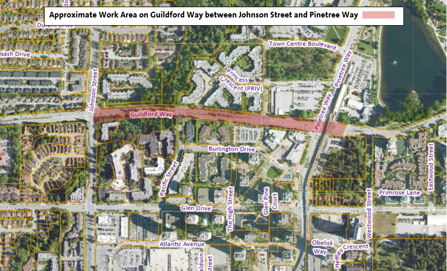 Location Map for Approximate Work Area on Guildford Way between Johnson Street and Pinetree Way