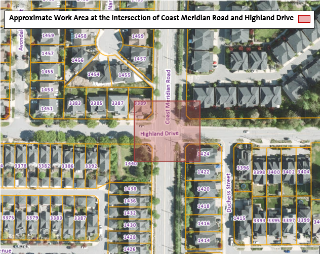 Location Map for Work Area at the Intersection of Coast Meridian Road and Highland Drive