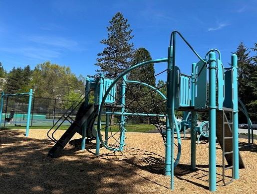 Teal playground set against sunny sky at Eagle Ridge.