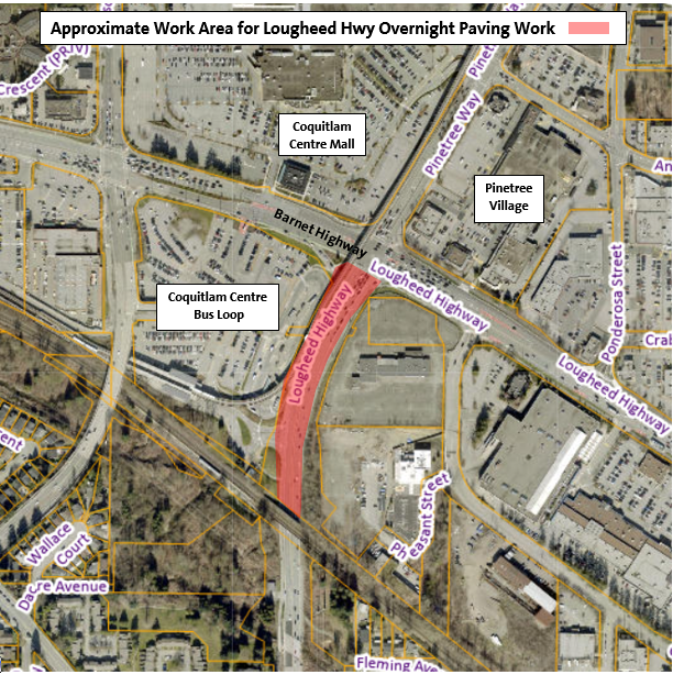 Location Map - Approximate Work Area for Lougheed Highway Overnight Paving Work