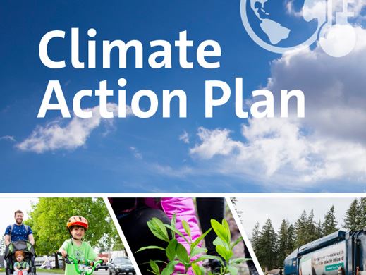 Image of the sky and plan cover with images also of child on bike, tree planting and garbage truck