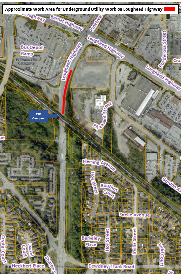 Approximate Work Area for Underground Utility Work on Lougheed Highway at the CPR Overpass