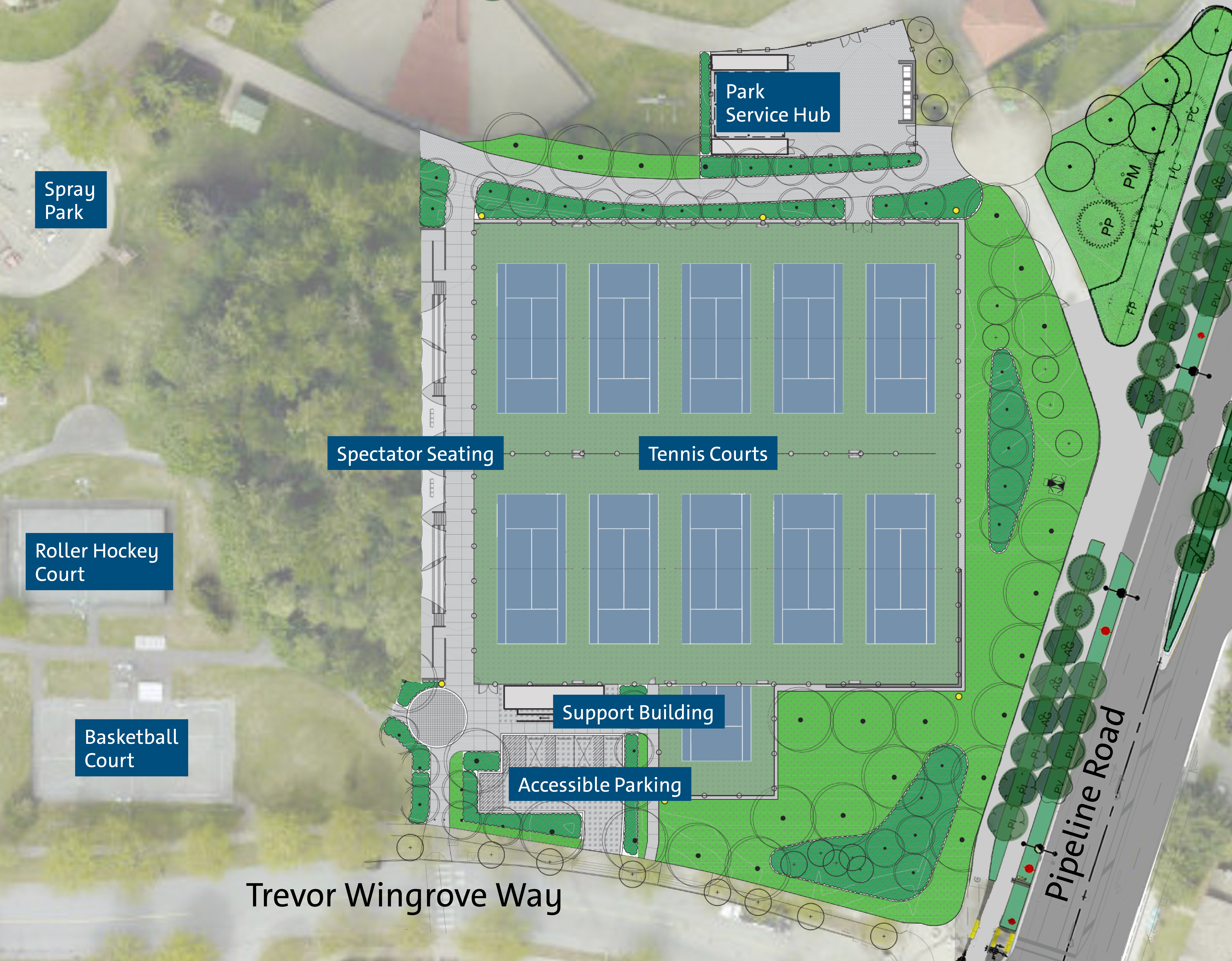 Aerial view of new tennis court design in Town Centre Park