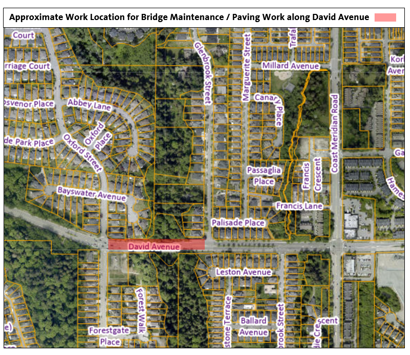Approximate Work Area along David Avenue between Oxford Street and Glenbrook Street