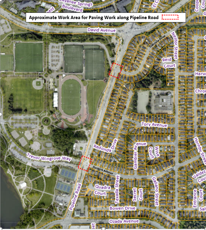 Approximate Work Area for Paving Work at Pipeline Road at Dunkrik Avenue and Gabriola Drive