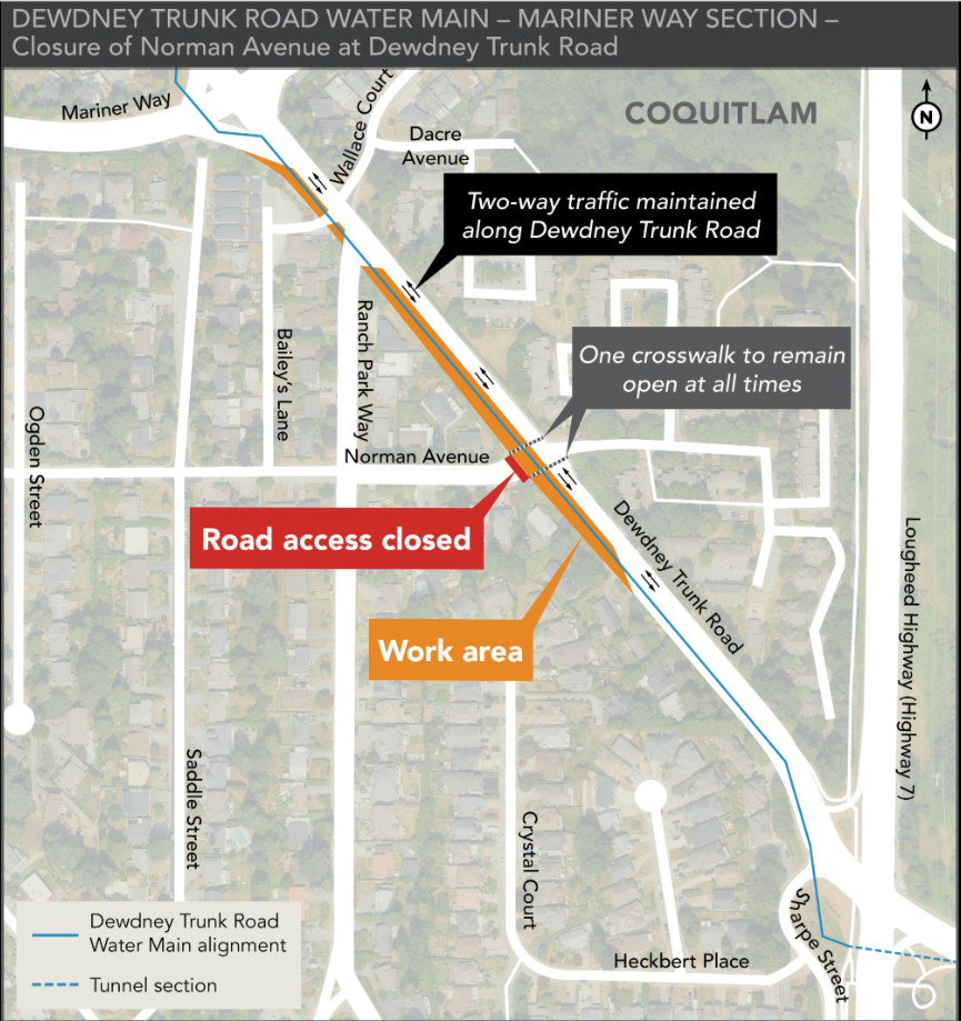Approximate Work Area for Road Closure at Norman Avenue and Dewdney Trunk Road