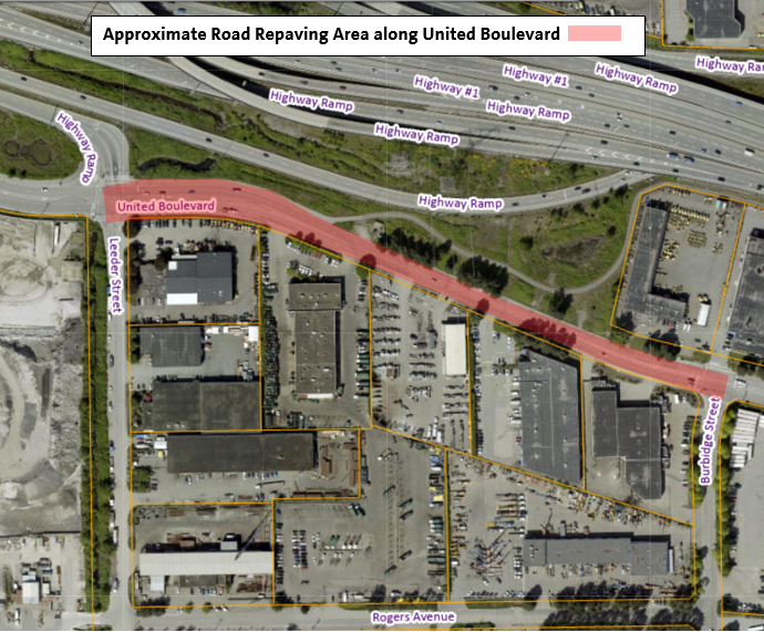 Approximate Road Repaving Area along United Boulevard