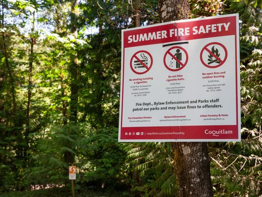 Park regulation sign attached to a tree advising the summer fore safety rules and bylaws. 