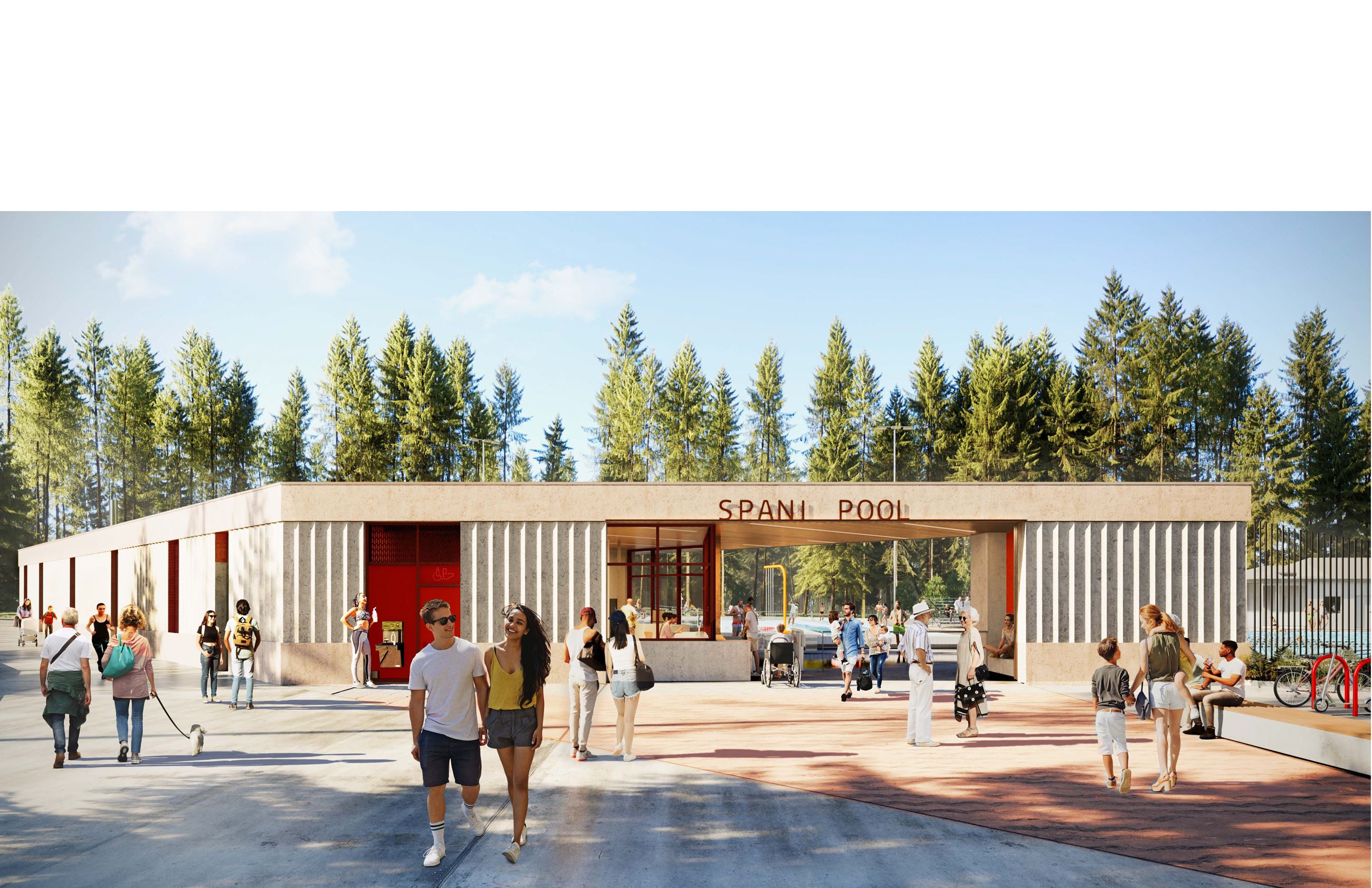 A rendering of the exterior of the new Spani Pool shows a modern facility with people around