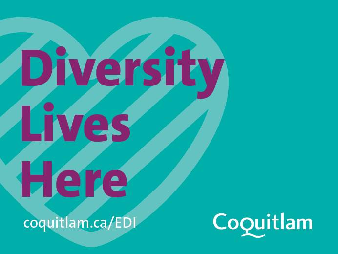 A teal poster with purple lettering which reads Diversity Lives Here
