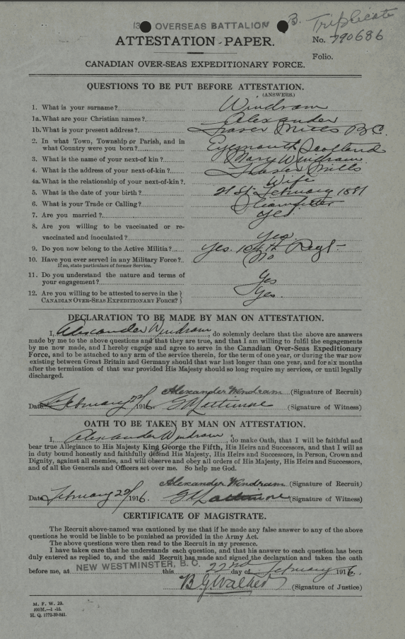 Attestation for Alexander Windram (Source CEF Personnel Files, Library and Archives Canada)