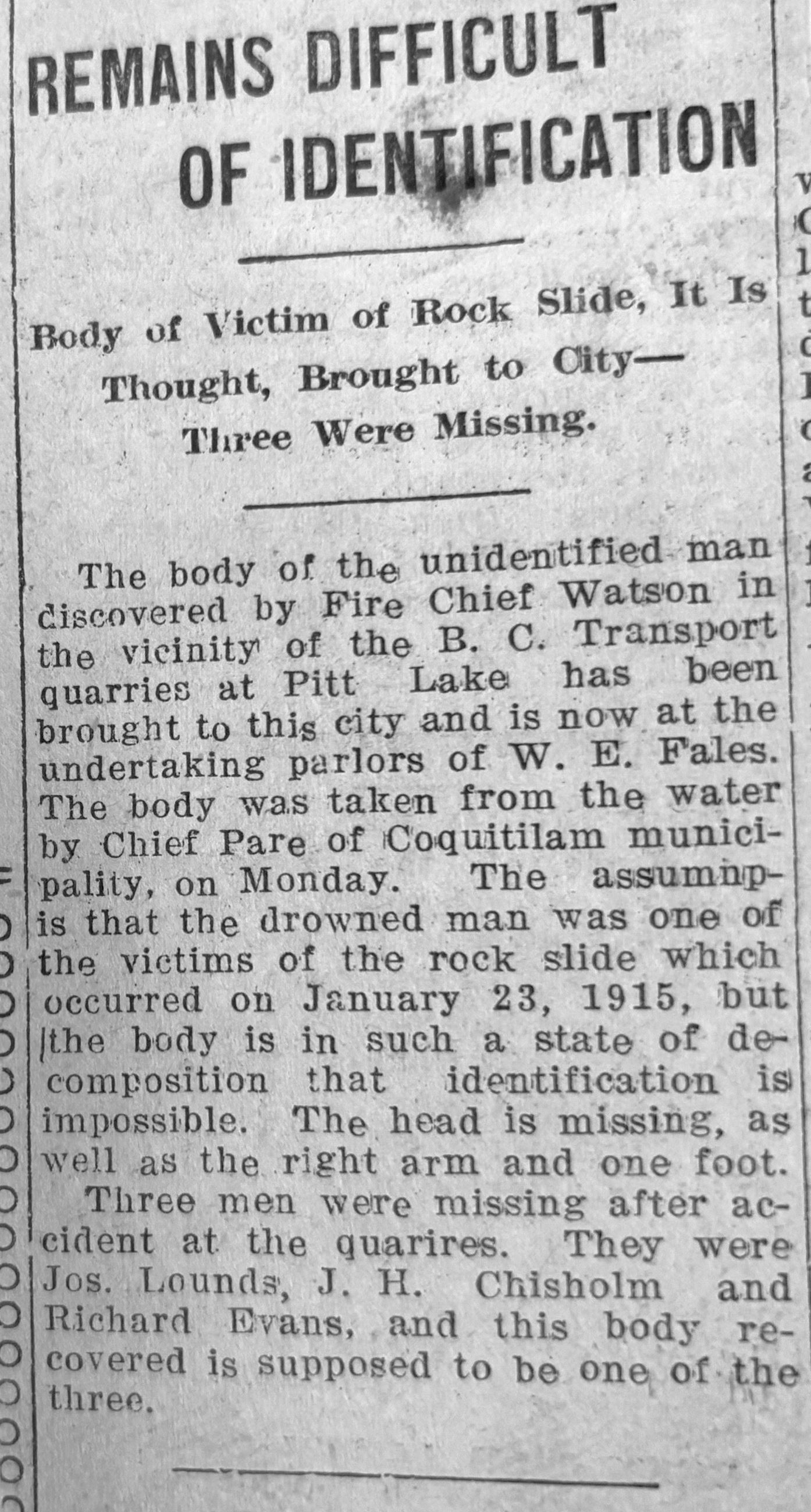 Scanned Newspaper clipping of Rockslide Incident - 1915-1917