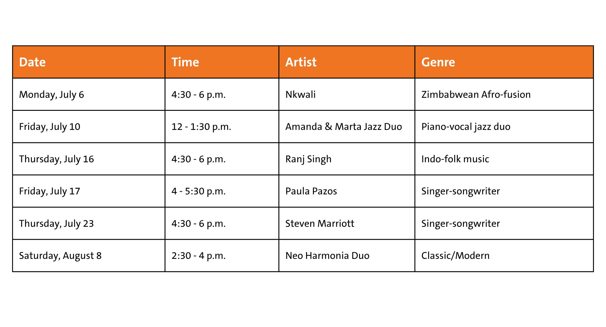A graphic showing the dates and times of the performances