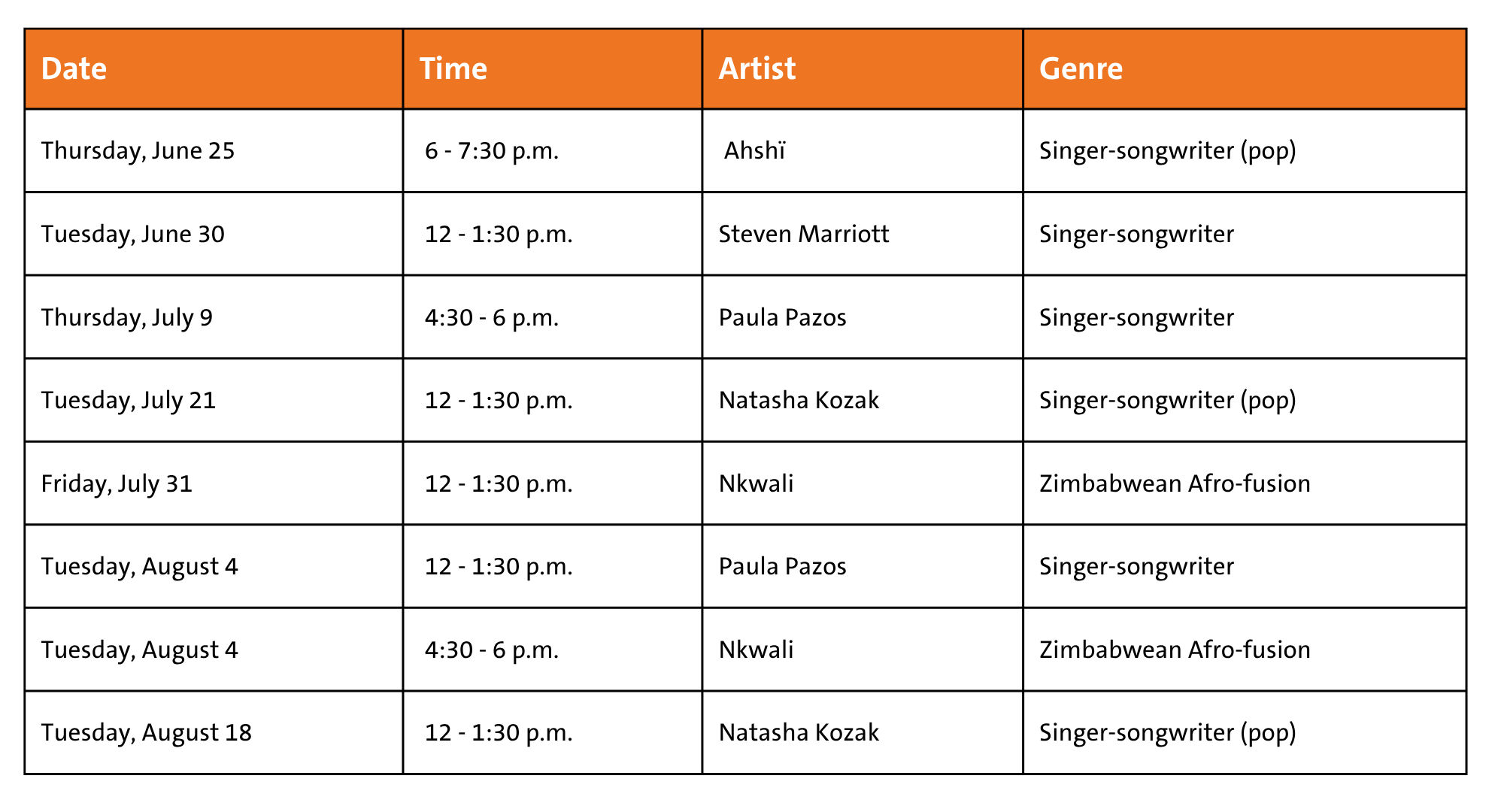 A graphic showing the dates and times of the performances