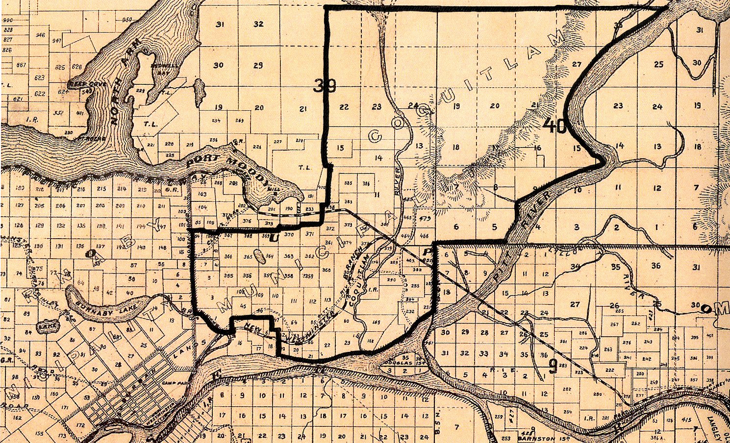 Coquitlam's Original Boundaries Drawn on a Map of New Westminster District from 1892 (JPG) Opens in new window